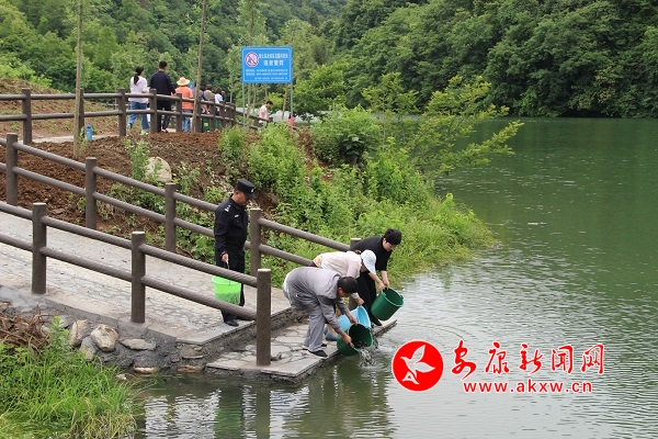 在投放點,鎮(zhèn)黨委書記、鎮(zhèn)長分別將魚苗倒入水中.jpg
